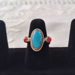 Silver coral and turquoise ring
